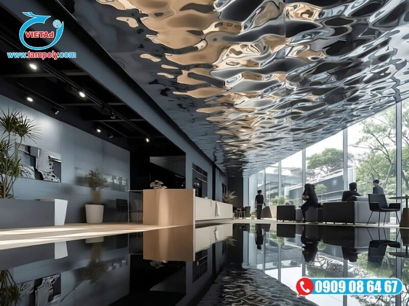 Tấm Inox 3D vân sóng ứng dụng ốp trần, tạo vẻ đẹp sang trọng cho không gian