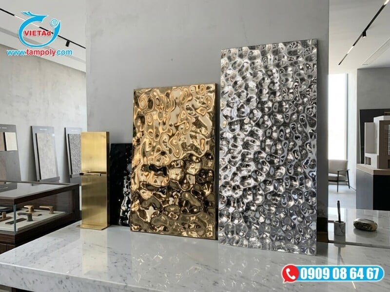 Vật Liệu Tấm QCV cung cấp tấm inox 3D sóng nước đa dạng màu sắc, hỗ trợ cắt lẻ và thi công lắp đặt tận nơi