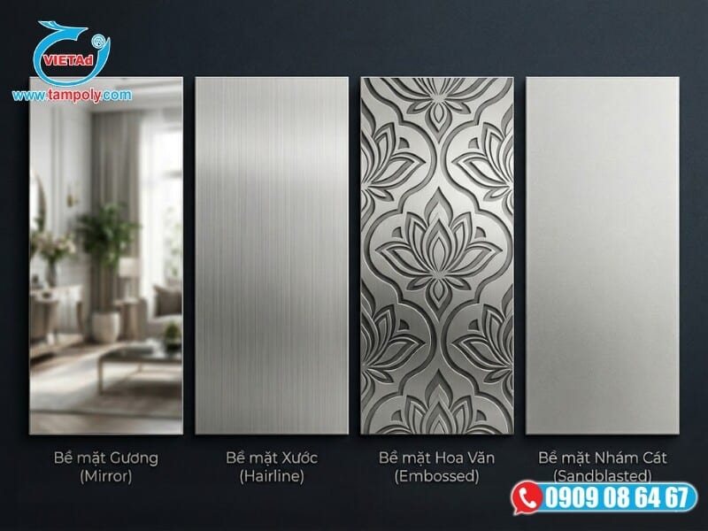 Từ bề mặt gương bóng bẩy của tấm inox đến xước mịn hairline, mang lại hiệu ứng thị giác độc đáo cho công trình