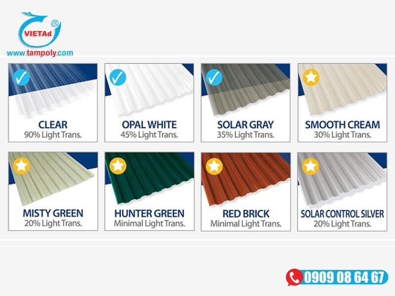 Bảng màu sắc tấm Poly Suntuf và độ xuyên sáng tương ứng