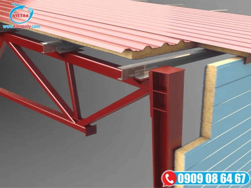 Chi tiết lắp đặt mái Panel Rockwool trên khung thép, đảm bảo cách nhiệt và bền vững