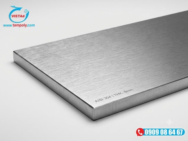 Tấm Inox 304 dày 8mm có cấu trúc bề mặt phẳng mịn và độ dày biên dạng đúng 8mm của tấm inox 304 tiêu chuẩn