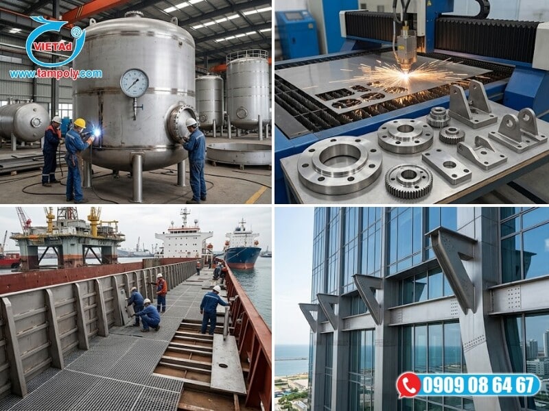 Tấm inox 304 dày 8mm được ứng dụng đa dạng để gia công hệ thống bồn chứa chịu lực và chi tiết máy công nghiệp