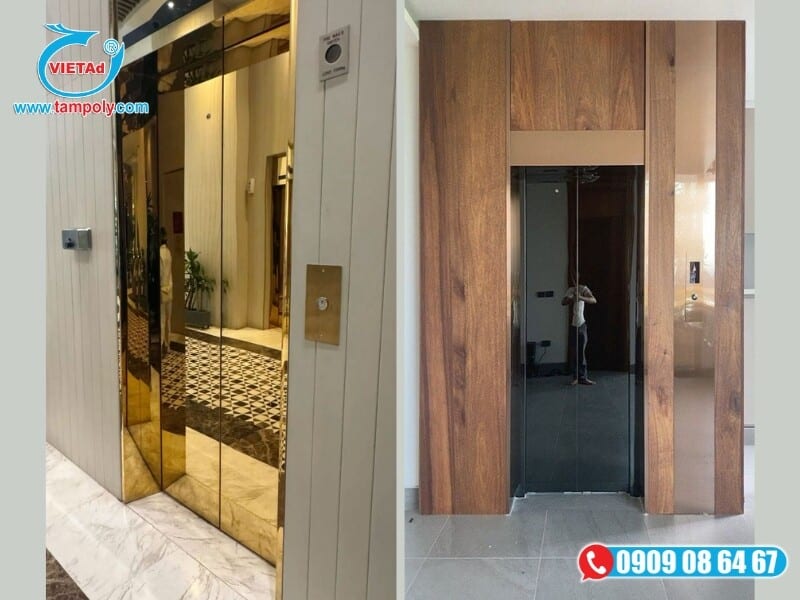 Hạng mục vách ốp thang máy sang trọng thi công bằng tấm inox vàng bóng và đen bóng