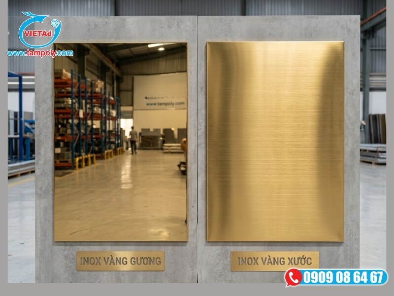 Bề mặt tấm inox màu vàng gương và inox vàng xước