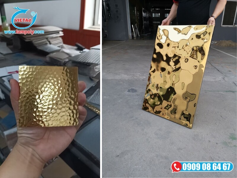 Hiệu ứng dập nổi hình sóng nước đa chiều độc đáo trên tấm inox màu vàng 3D