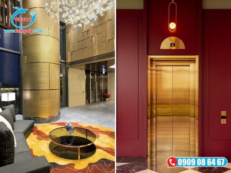 Tấm Inox màu vàng ứng dụng trong ốp mặt tiền nhà hàng, khách sạn và trang trí vách thang máy