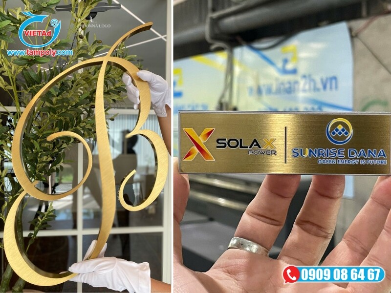 Inox màu vàng làm chữ nổi quảng cáo 3D và gia công in UV làm thẻ tên, biển chức danh