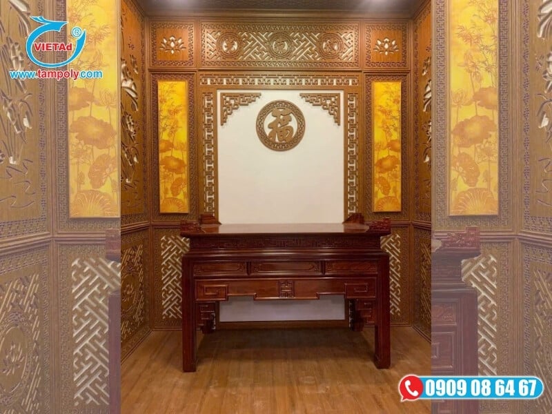 Mẫu tấm nhựa Nano vân gỗ cổ điển để ốp tường phòng thờ, tạo vẻ tôn nghiêm và không lo ẩm mốc làm hỏng vách