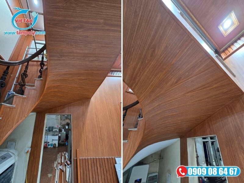 Khu vực cầu thang ốp toàn bộ mảng tường chống va quẹt, trầy xước. Bề mặt tấm nhựa nano nhẵn bóng dễ dàng vệ sinh