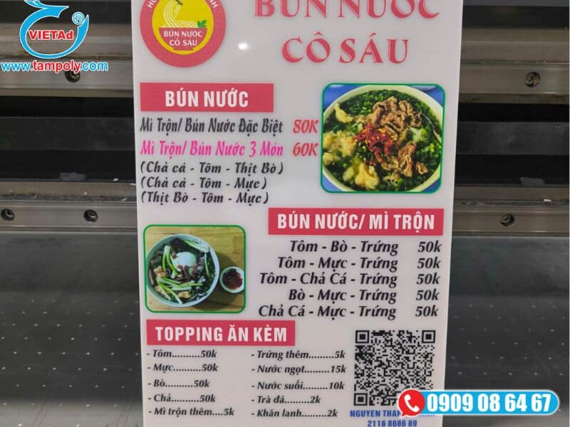 In UV lên mica sữa làm bảng menu quán ăn