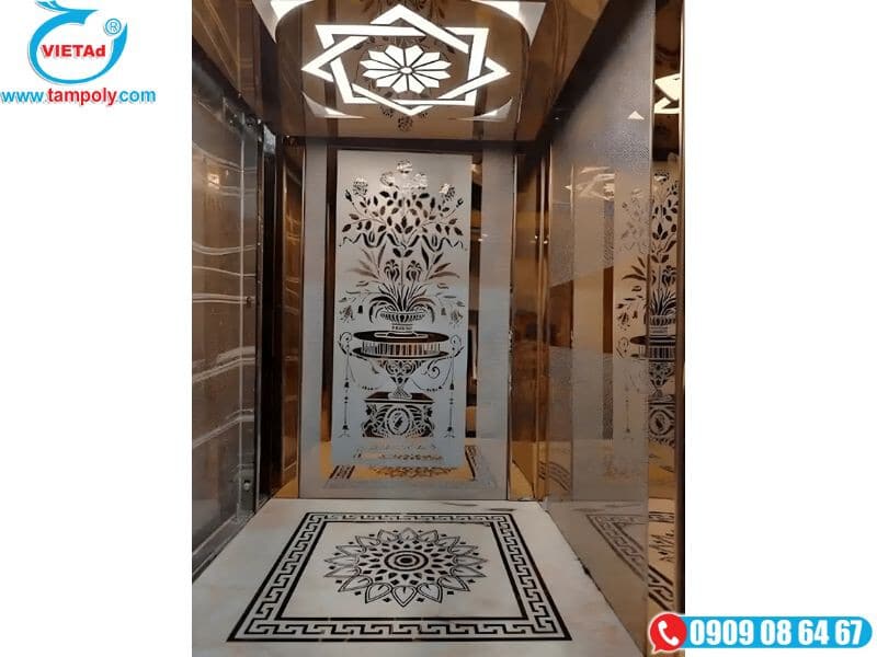 Tấm inox trắng xước được gia công hoa văn ốp thang máy 