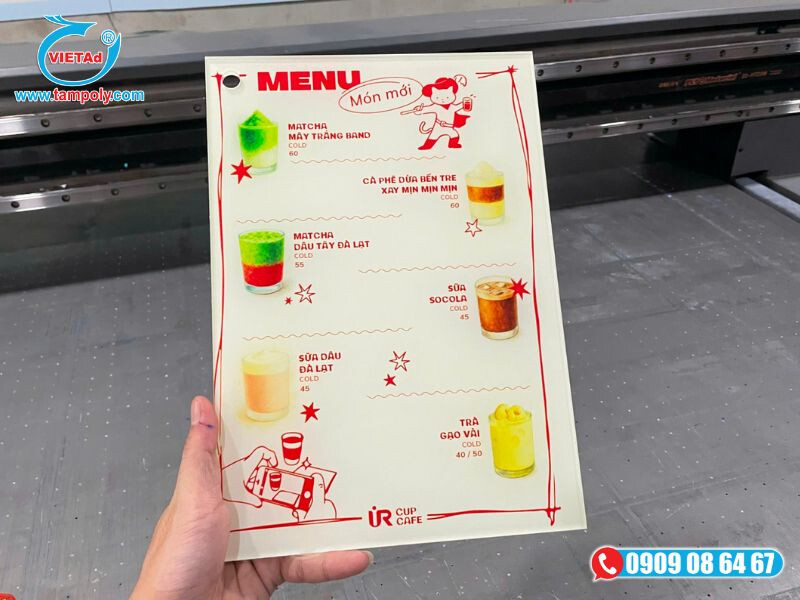 Bảng menu in UV chất liệu mica