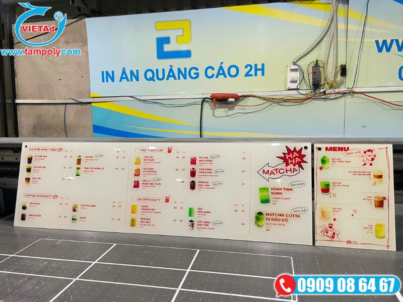 Bảng menu chất liệu mica sữa in UV 