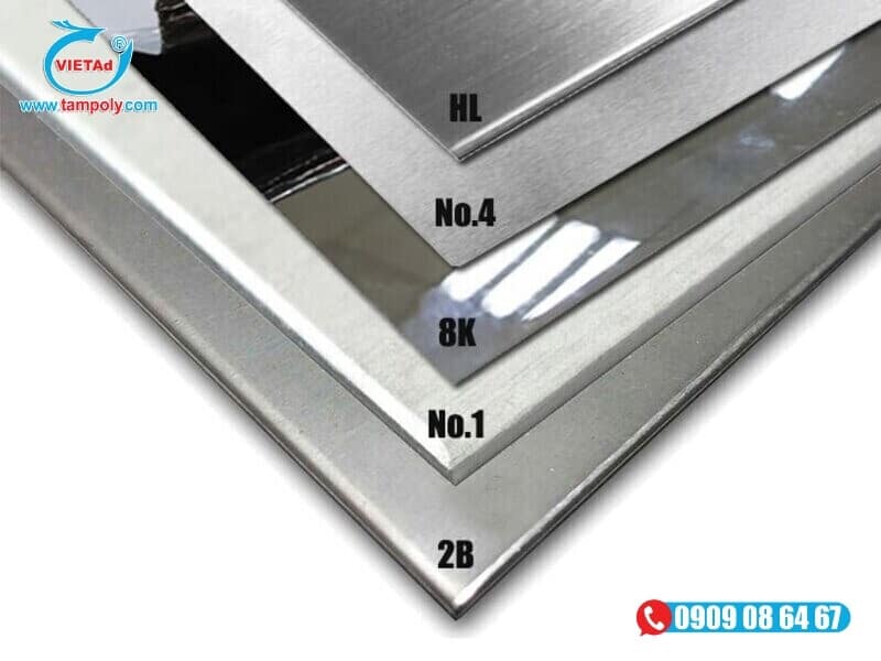 Tấm inox có các kiểu bề mặt: 2B, No.1, 8k, No.4, HL