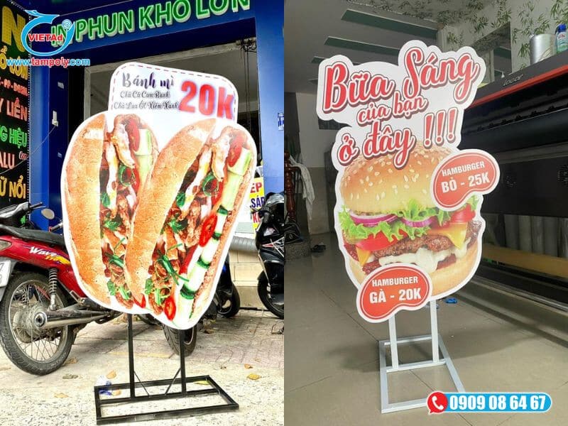 Tấm foam dùng làm standee đứng được cố định bằng khung sắt cho tiệm bánh mì