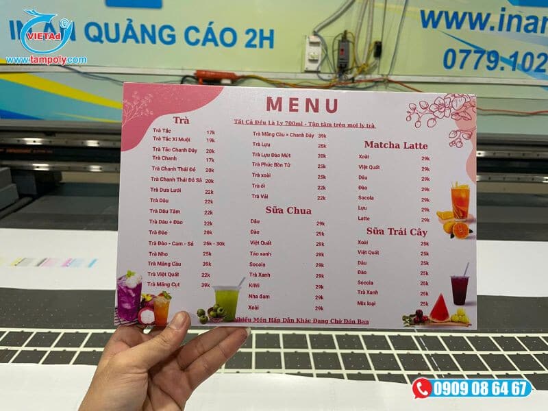 Menu quán nước in uv cán foam