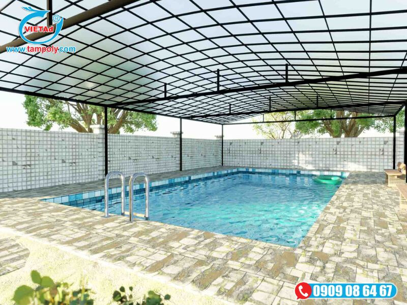 Tấm poly trắng sữa thi công làm vòm che hồ bơi
