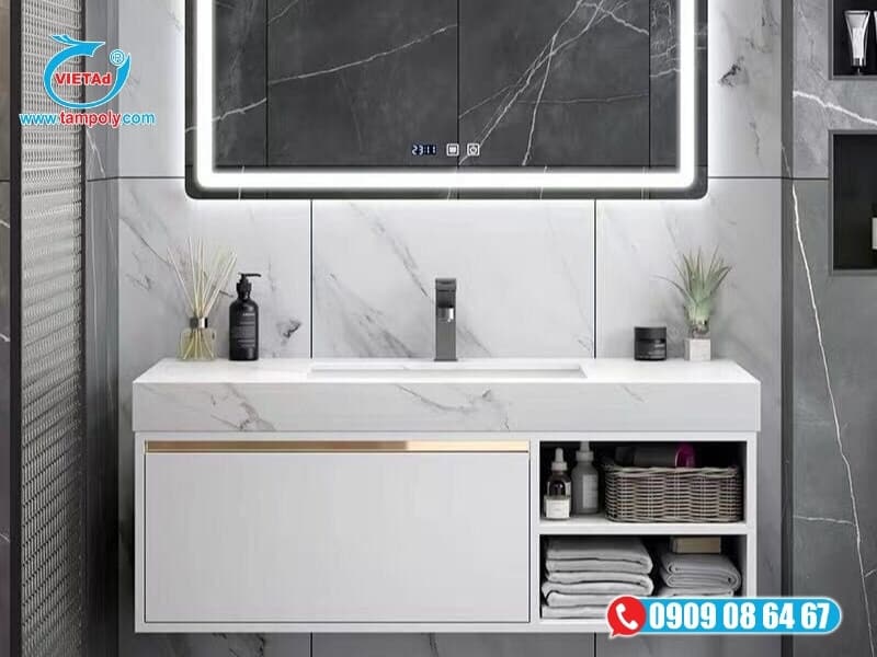 Tủ lavabo và kệ phòng tắm pima PVC chống nước vượt trội, không phồng rộp hay cong vênh, chịu lực tốt.