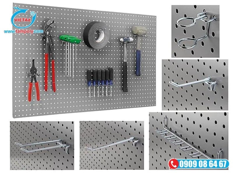 Tấm Nhôm Đục Lỗ Pegboard: Kệ Trưng Bày, Showroom, Garage Organizer