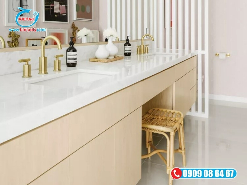 Tủ dưới bồn rửa lavabo trắng từ tấm pima chống nước, không phồng rộp hay cong vênh, bền hơn gỗ công nghiệp