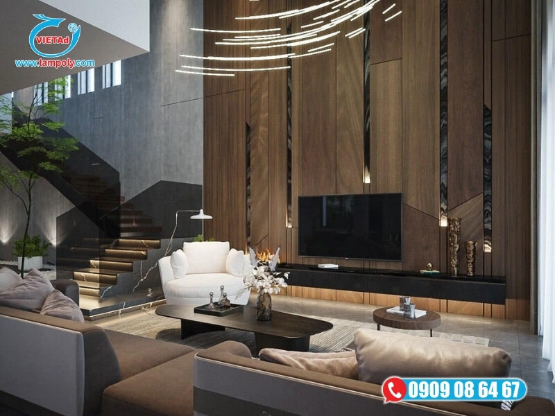 Vách ngăn phòng khách từ tấm pima vân gỗ tông nâu trầm thanh lịch, phong cách tối giản