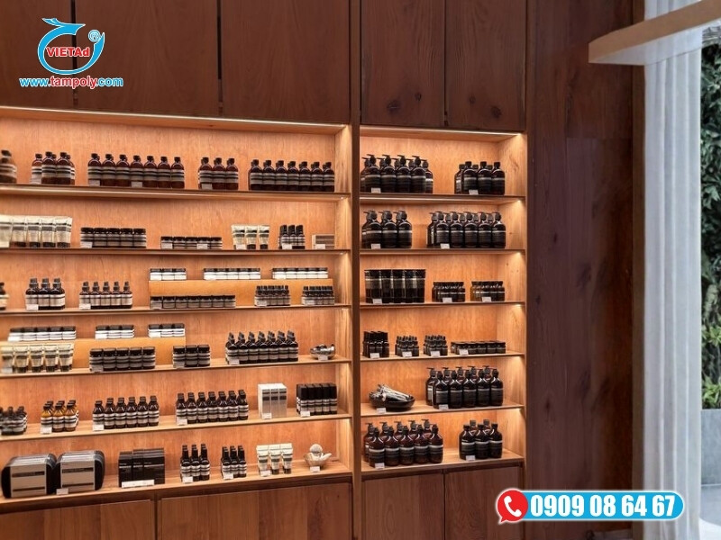 Kệ trưng bày sản phẩm vân gỗ Lim đỏ nâu pima vân dày bề thế, chịu va đập tốt