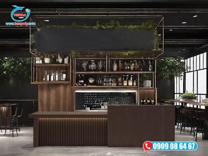 Quầy bar quán cà phê tấm pima vân gỗ óc chó nâu đậm tạo không gian ấm áp, gần gũi