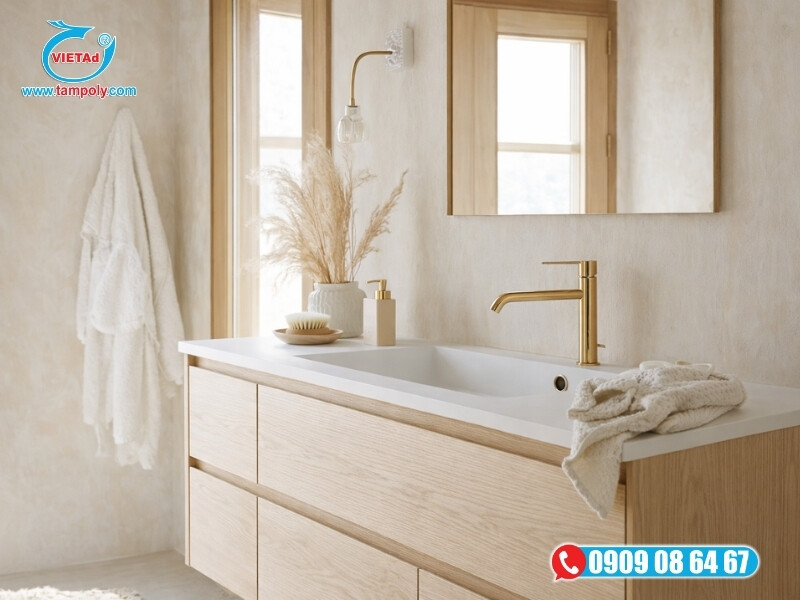 Tủ lavabo phòng tắm từ tấm pima vân gỗ sồi trắng chống nước 100%, vân tươi sáng không ố vàng
