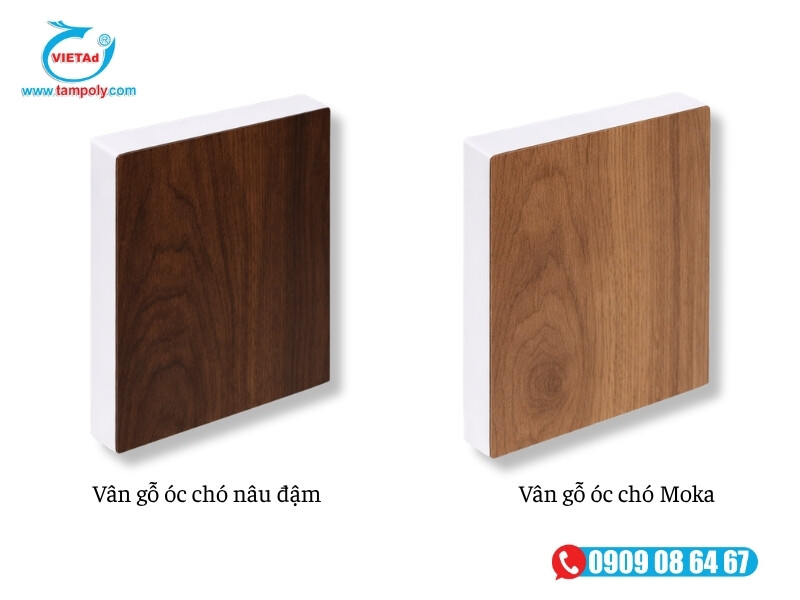 Vân gỗ Óc Chó nâu đậm tông trầm, cổ điển; Vân gỗ Óc Chó Moka pha trộn nâu ấm và xám khói tinh tế