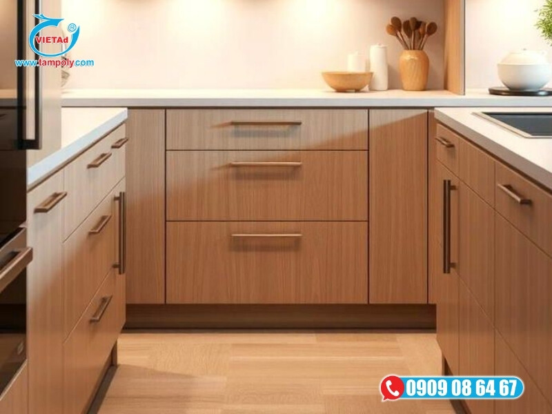 Tấm pima làm tủ bếp chống nước, không phồng rộp, tạo vẻ tươi sáng, thoáng đãng như gỗ thật