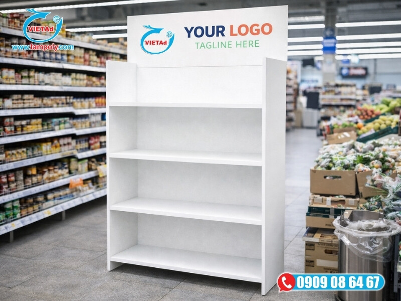 Kệ trưng bày sản phẩm từ tấm xốp foam siêu nhẹ dễ lắp ráp, bề mặt trắng mịn in UV logo sắc nét