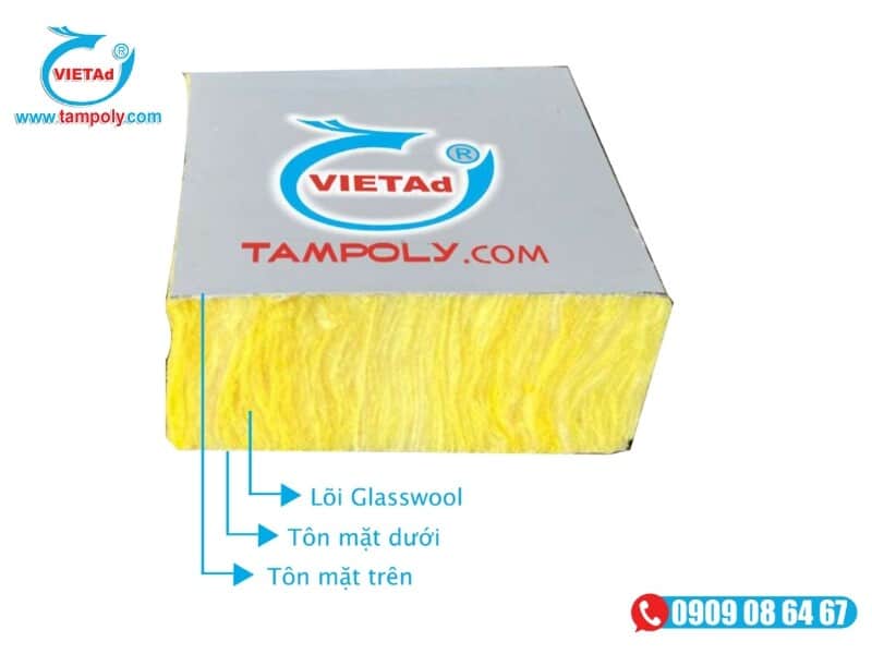 Cấu tạo của panel bông thủy tinh gồm 2 lớp bề mặt và 1 lớp bông thủy tinh