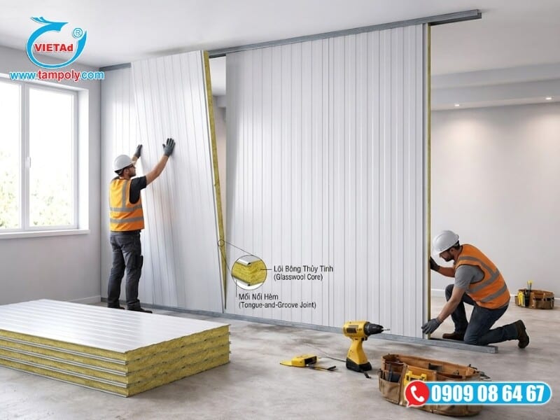 Đội ngũ thi công tại Vật Liệu Tấm QCV lắp đặt Panel bông thủy tinh chuyên nghiệp
