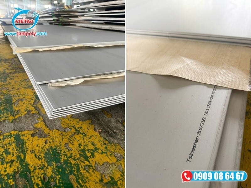 Cận cảnh bề mặt và kết cấu phôi thép của các tấm Inox 316 tiêu chuẩn tại kho