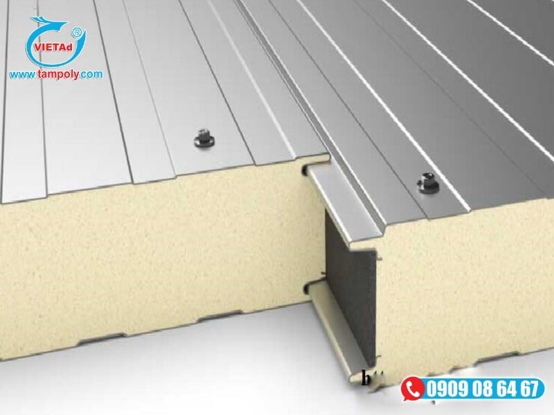 Cấu trúc thực tế của tấm panel cách nhiệt ba lớp với hai mặt tôn bảo vệ bên ngoài của tấm panel cách nhiệt Hưng Yên