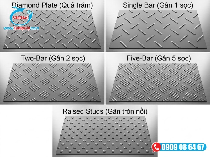 Các kiểu họa tiết dập gân phổ biến như gân hình quả trám, gân đơn và gân chùm