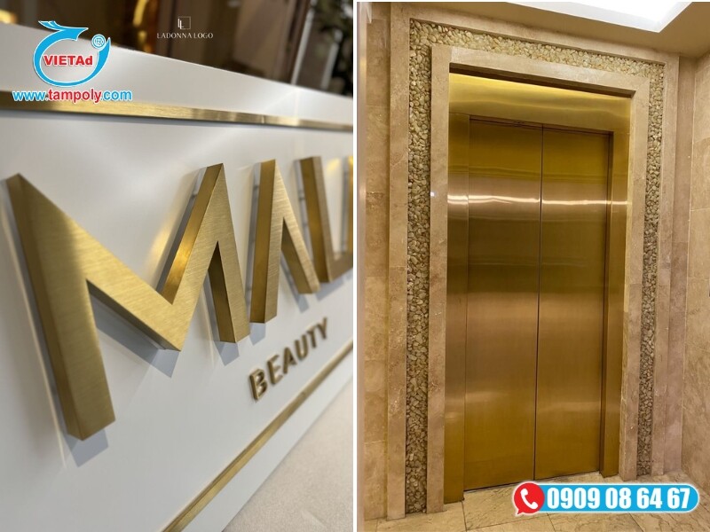 Tấm inox vàng xước ứng dụng làm chữ nổi quảng cáo và trang trí làm ốp làm vách thang máy