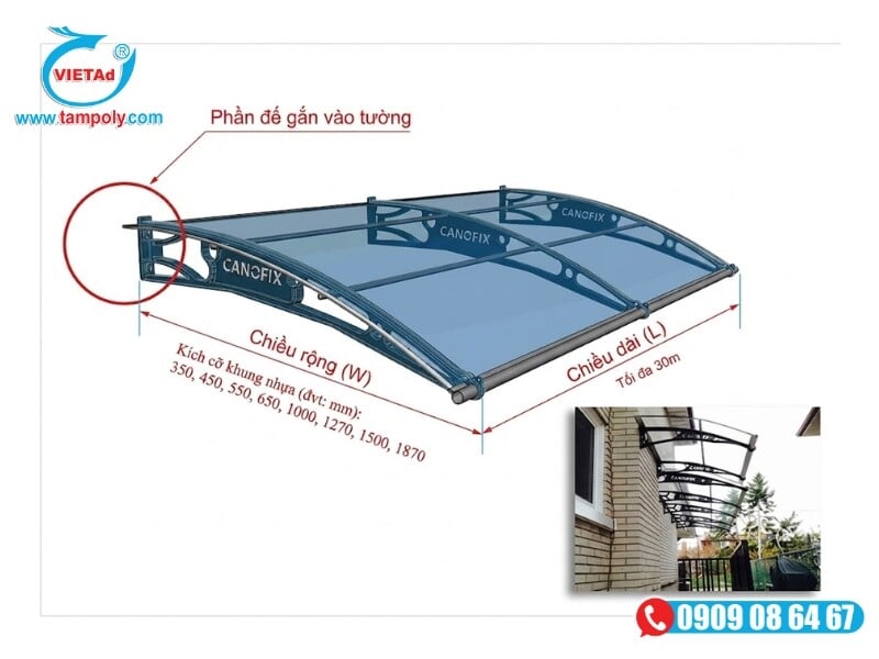 Cấu trúc chi tiết của mái che Canofix gồm tấm polycarbonate đặc, giá đỡ nhựa kỹ thuật và thanh nhôm định vị.