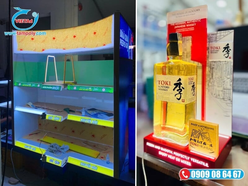 Ứng dụng tấm Mica làm kệ trưng bày sản phẩm, màu sắc đa dạng, dễ tạo hình