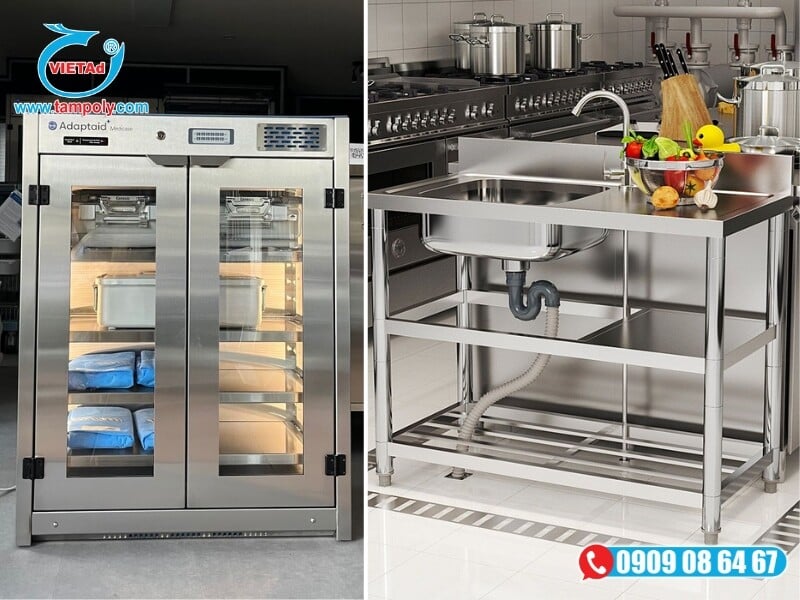 Các thiết bị nhà bếp và tủ dụng cụ y tế sản xuất từ chất liệu inox trắng