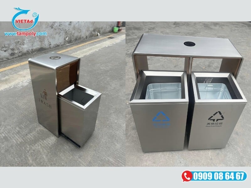 Inox ứng dụng làm thùng rác công cộng, tinh tế, sáng bóng