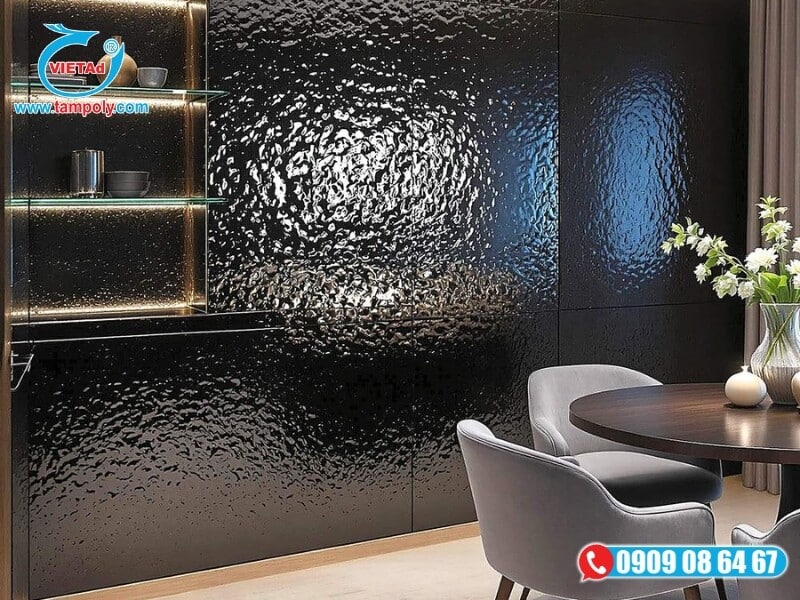 Tấm Inox màu đen sóng nước 3D ứng dụng trang trí cho không gian nội thất sang trọng, đầy cá tính