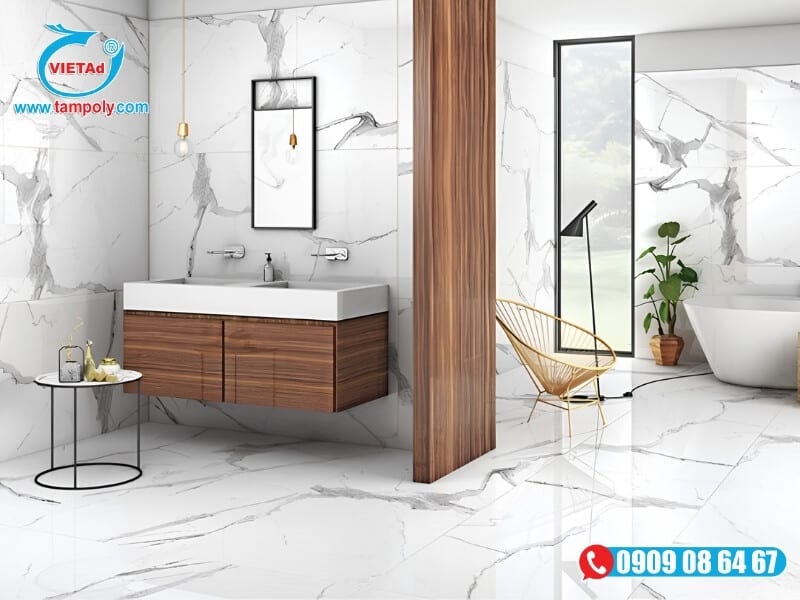 Ốp kệ rửa mặt và vách ngăn bằng tấm PVC vân gỗ